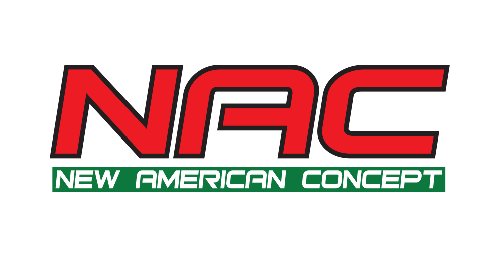 Czerwone logo NAC New American Concept na białym tle, symbolizujące nowoczesne podejście i innowacje w designie.