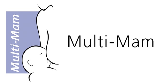 Logo Multi-Mam przedstawiające stylizowany rysunek matki karmiącej piersią niemowlę, symbolizujące wsparcie dla karmiących mam.