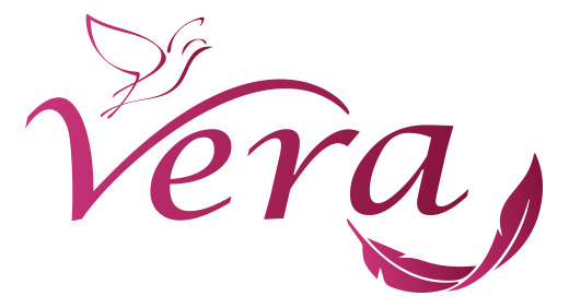 Logo Vera z elegancką czcionką, ptakiem w locie i pi&oacute;rem, symbolizujące lekkość, piękno i wolność. Idealne dla marki modowej, wellness lub beauty.