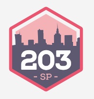 Logo 203 SP z panoramą Warszawy, symbolizujące nowoczesność i edukację w stolicy Polski.